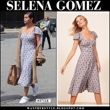 Standard shipping is free of charge as are returns. Selena Gomez In Blue Floral Print Midi Dress And Camel Cardigan On April 1 I Want Her Style What Celebrities Wore And Where To Buy It Celebrity Style
