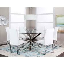 The transparent nature of glass often helps a room to look larger and its reflective surface adds light and brightness to the space. Cramco Inc Classic 7 Piece 59 Round Glass Table Set Value City Furniture Dining 7 Or More Piece Sets