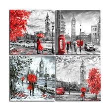 Black And White Canvas Pictures Of London Viivei Canvas Painting Of A London Black And White Background And Red Tree For Living Room 4 Part British Ci Painting Wall Art Canvas Painting Canvas Painting
