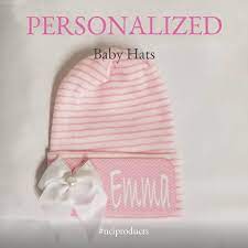Soft Baby Hat In Pink And White Stripes With A Light Pink Chevron Personalized With Your Baby S Name Finished With A Small White Bow