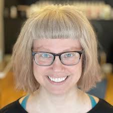 Transformation for the lovely @semipolishedlady today! We cut off that old  oxidized hair into a super cute one length bob and then added some grey  reduction baby lights to refresh her natural