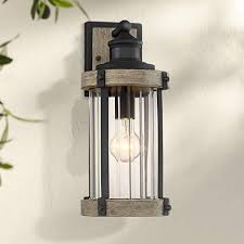 Stan Rustic Outdoor Wall Light Fixture Wood Black 15 1 2 Pleated Glass Motion Sensor Outdoor Wall Light Fixtures Outdoor Wall Lighting Wood Light Fixture