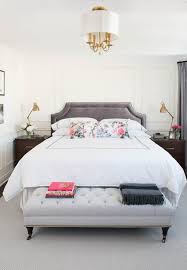 Dark Gray Velvet Headboard With Light Gray Tufted Bench Transitional Bedroom Parisian Bedroom Home Bedroom Beautiful Bedrooms