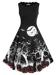 plus size retro pumpkin bat print halloween dress