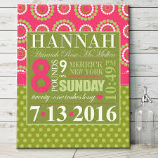 Pink Green Baby S Big Day Personalized Canvas Wall Art Girls Keepsake Personalize It Free