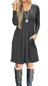 Lilbetter Women Long Sleeve Pockets Pleated Loose Swing Casual Short T Shirt Dresses Grey S Lilbetter Wo Women Long Sleeve Dress Women Long Sleeve Casual Dress