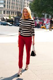 Black And White Striped Shirt With Red Pants Amanda Hearst At Michael Kors Gastro Chic Taylor Outfits Spring Outfits Casual Paris Outfits