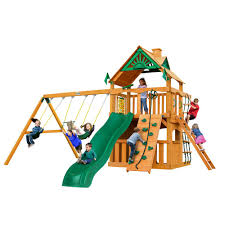 Gorilla Playsets Chateau Clubhouse Wooden Swing Set With Slide And Rock Wall 01 0035 Ap The Home Depot Wood Swing Sets Gorilla Playsets Wooden Swing Set