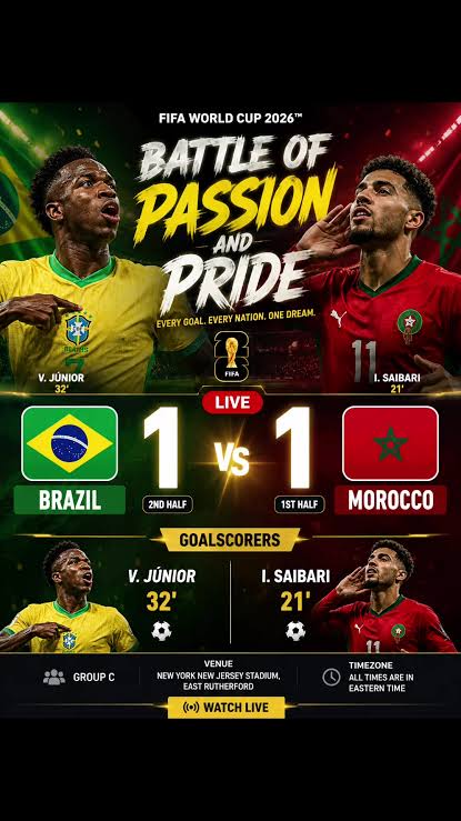 🇧🇷⚽🇲🇦 What a battle in Group C! Brazil and Morocco trade blows in a  thrilling showdown as Vinícius Júnior and Ismael Saibari find the back of  the net. The score is level, but the drama is far from ...
