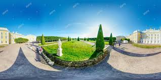 Download 360 Degree View Of Beautiful Landscape Upper Garden And Grand Palace Xviii Century Baroque Archi In 2020 Baroque Architecture Beautiful Landscapes Panoramic