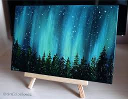 Christmas Painting Aurora Borealis Small Oil Painting On Etsy In 2021 Northern Lights Painting Night Painting Sky Painting
