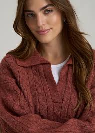 Johnny Collar Cable-Knit Long Sleeve Sweater