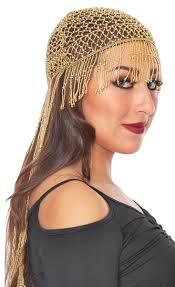 Cleopatra Beaded Belly Dance Headpiece with Long Fringe in Gold