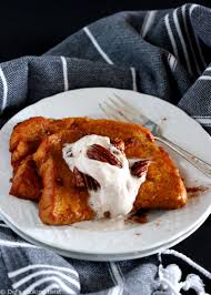 This Skinny Vegan Pumpkin French Toast Topped With Pecans And A Lovely Chai Coconut Whipped Cre Vegan Pumpkin Pumpkin French Toast Kid Friendly Recipes Dessert