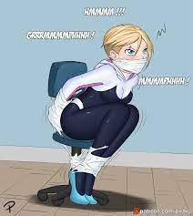 bondage bound bound to chair breasts chair chair bondage clothed  eyebrow piercing female gag gagged gwen stacy gwen stacy (spider-verse)  marvel marvel comics medium breasts piroro solo spider-gwen spider-man:
