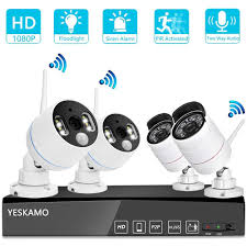 How do outdoor wireless security cameras work? Yeskamo Wireless Security Camera System Outdoor 1080p Floodlight Audio 2 X Floodlight Home Cameras 2 X Standard Ip Camera 8 Channel Nvr Support Two Way Talk Color Night Vision Pir Motion Detection