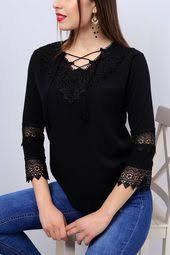 24 95 Tl Siyah V Yaka Dantel Detayli Bayan Bluz 12663b Modamizbir Bluz V Yaka Dantel