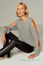 2021 Bayan Gri Kazak Yuvarlak Yaka Kollari Acik Kazak Elbise Moda Stilleri Stil