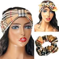 Plaid Headband, Sruncies, Tartan Tan Cotton Fabric, SATIN LINED HEADBAND,  Headband. Twisted Headband, Retro Headband, Wide Knot Headband