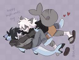 202830 - safe, artist:sh_4rk, oc, oc only, oc:shark (sh_4rk), fish, shark,  anthro, 2022, blushing, bottomwear, boyfriends day, clothes, cute, duo, duo  male, eyes closed, heart, hoodie, hug, male, malemale, males only, sandals,
