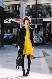 Yellow Dress With Black Tights And Black Navy Coat Fashion Style Fashion Week