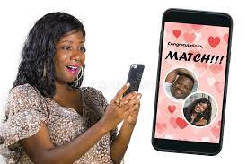 Mobile Phone and Young Beautiful and Happy Black Afro American Woman Using Online  Dating App Excited in Match with a Handsome Guy Stock Image - Image of  african, cool: 137731781