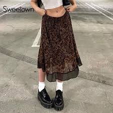 Vintage 80s 90s express wool skirt made in italy alt fairycore grunge aesthetic. Fairy Grunge Vintage Aesthetic Midi Skirts Womens Floral Print Cute Brown E Girl Streetwear Low Waist Mesh Skirt Sold By Sweet Heart On Storenvy