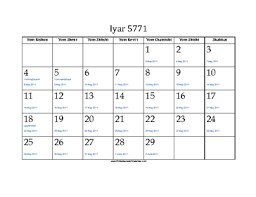 Iyar 5771 Calendar With Jewish Holidays And Gregorian Equivalents