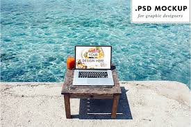Computer Psd Mockup At The Beach Graphic Design Mockup Mockup Psd Mockup Design
