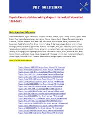 Wiring diagrams, spare parts catalogue, fault codes free download. Toyota Camry Electrical Wiring Diagram Manual Pdf Download 1983 2013