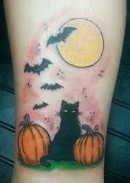 Picture Of Two Pumpkins, Black Cat, Full Moon And Bats Tattoo