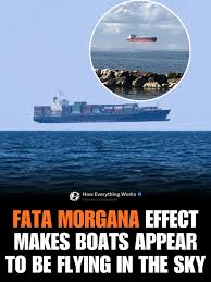 A “Fata Morgana” is a rare and often breathtaking optical illusion that can  make distant ships, islands, coastlines, icebergs, or even entire cities  appear to float high above the horizon, hover in