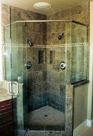 Corner Tile Shower Has Dual Shower Heads And Shampoo Cubbies Master Bathroom Shower Shower Remodel Corner Shower