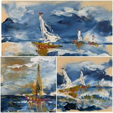 Triptico “VELEROS” arte expresionista abstracto, técnica impresionista,  espátula sobre madera. Artista @luz.maria.ori_artist , 2023