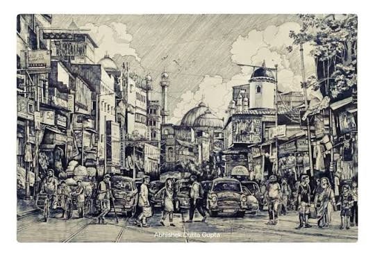 Kolkata Cityscape Drawing in Pen and Ink