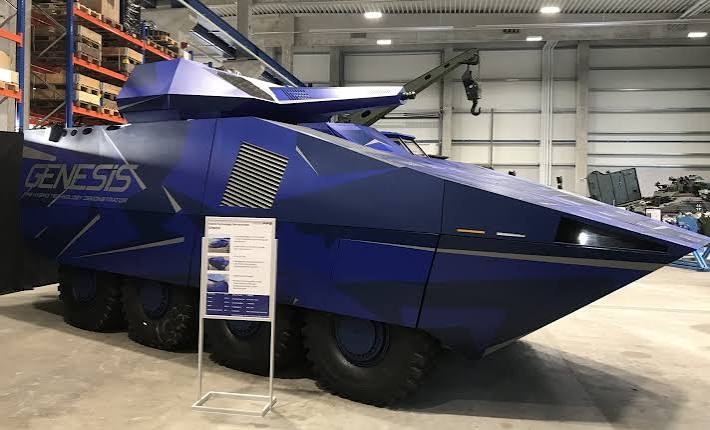 The "Genesis", a fully functional demonstrator for an electric armoured personnel transporter recently presented by FFG (Flensburger Fahrzeugbau-Gesellschaft) in Germany. 150 km all-electric range at a speed of 40 km/h, eight 171