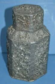 An old heavy, ca 1900 tea caddy, probably from china, of quatrefoil form and made from heavy pewter with brass trim at the base, shoulder, and edge of the cap. Antiques Atlas Chinese Pewter White Metal Tea Caddy Pot C1890