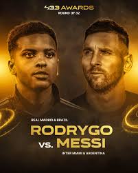 𝐑𝐎𝐔𝐍𝐃 𝐎𝐅 𝟑𝟐: Rodrygo 🆚 Lionel Messi 𝐕𝐎𝐓𝐄 for 𝐲𝐨𝐮𝐫  𝐟𝐚𝐯𝐨𝐫𝐢𝐭𝐞 in the poll below! 🗳️⬇️ #433Awards