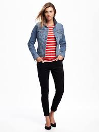 Black And Blue Denim Jacket Black Skinny Jeans Red Striped Tee Denim Jacket Outfits With Striped Shirts Blue Denim Jacket Outfit Red White Striped Shirt