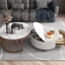 Marmor couchtisch kaffeetisch beistelltisch design tisch wohnzimmertisch tische. Moderner Weisser Runder Couchtisch Mit Aufbewahrungsmoglichkeit Aus Holz Rotierender Marmor Nesting Couchtisch In Rotgold 2er Set