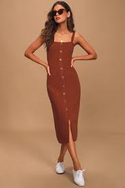 Casual Vibes Rust Red Button Front Sleeveless Midi Dress In 2020 Midi Dress Sleeveless Long Sleeve Midi Dress Red Midi Dress