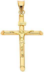 Men's 14k gold filled solid beveled edge embossed cross with gold plated stainless steel chain pendant necklace, 24 4.0 out of 5 stars 115 $46.35 $ 46. Amazon Com Solid 14k Yellow Gold Crucifix Pendant Jesus Engraved In Tubular Catholic Cross Charm Religious Based Fine Jewelry Suitable For Men Women Occasions 35 Mm X 23 Mm 1 3 Grams Jewelry