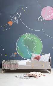 For the kids below 5 years old, it for the modern bedroom, try also a kind of space wallpaper that looks realistic, no more cartoon and. Rocket Wall Mural Space Wallpaper For Kids Muralswallpaper In 2021 Kids Room Murals Kids Room Wallpaper Space Themed Bedroom