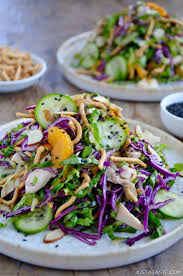 In a large bowl, combine napa cabbage, red cabbage, carrot, scallions, water chestnuts, mandarin orange and sliced chicken. Chinese Chicken Salad With Sesame Dressing Just A Taste