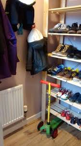 Small Cloakroom With Ikea Hejne Shoe Shelves And Bastis Dog Hooks For Kids Coats