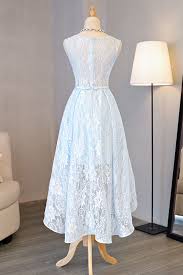 Light Blue Lace Round Neck High Low Halter Prom Dress Bow Homecoming Dress From Sweetheart Dress Elegant Homecoming Dresses Light Blue Prom Dress Evening Dress Sleeveless