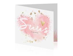 meisjes geboortekaartje met trendy roze en gouden hartjes roze harten goud roze goud