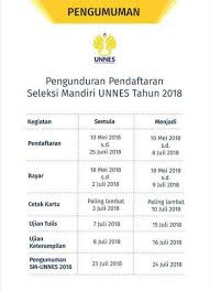 Ujian mandiri unnes atau seleksi mandiri unnes merupakan salah satu jalur masuk untuk penerimaan mahasiswa di perguruan tinggi pada seleksi mandiri jalur prestasi, persyaratannya ialah kamu merupakan siswa sma/k sederajat pada tahun 2020 terdaftar aktif di kelas xii/xiii, yang. Pengumuman Pengunduran Jadwal Um Unnes Atmago