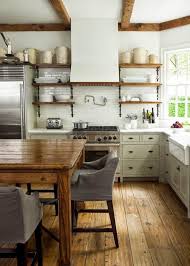 Rustic And Modern Country Kitchen With Exposed Beams Sage Green Lower Cabinets A Farmhouse Kitchen Inspiration Kitchen Inspirations Farmhouse Kitchen Cabinets