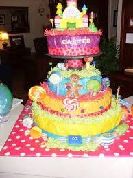 My First Diaper Cake Made For My Friend S Candy Land Themed Baby Shower Candy Cakes Baby Shower Baby Shower Candy